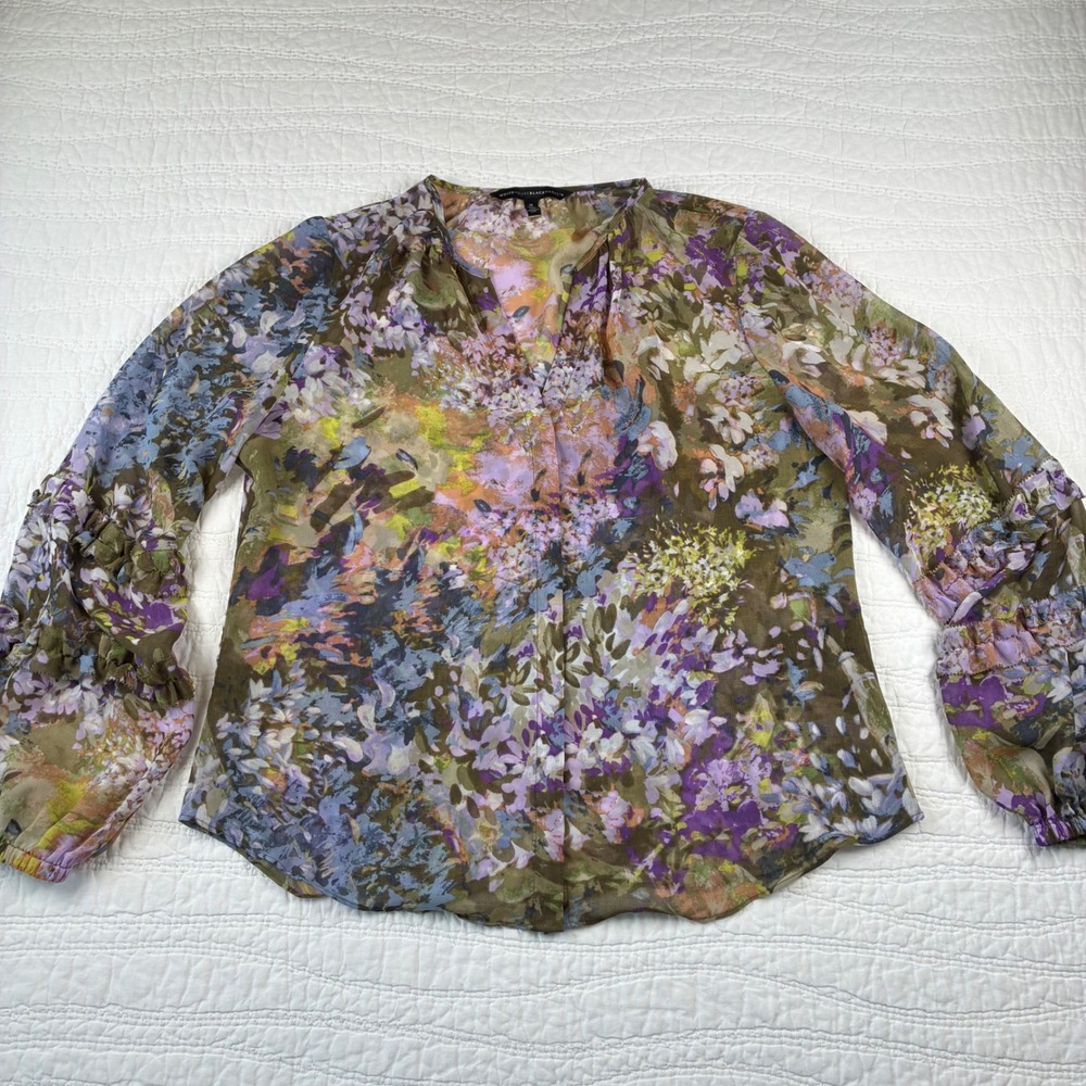 WHBM Watercolor Floral Ruffle Long Sleeve V-Neck Blouse Top M Romantic Sheer